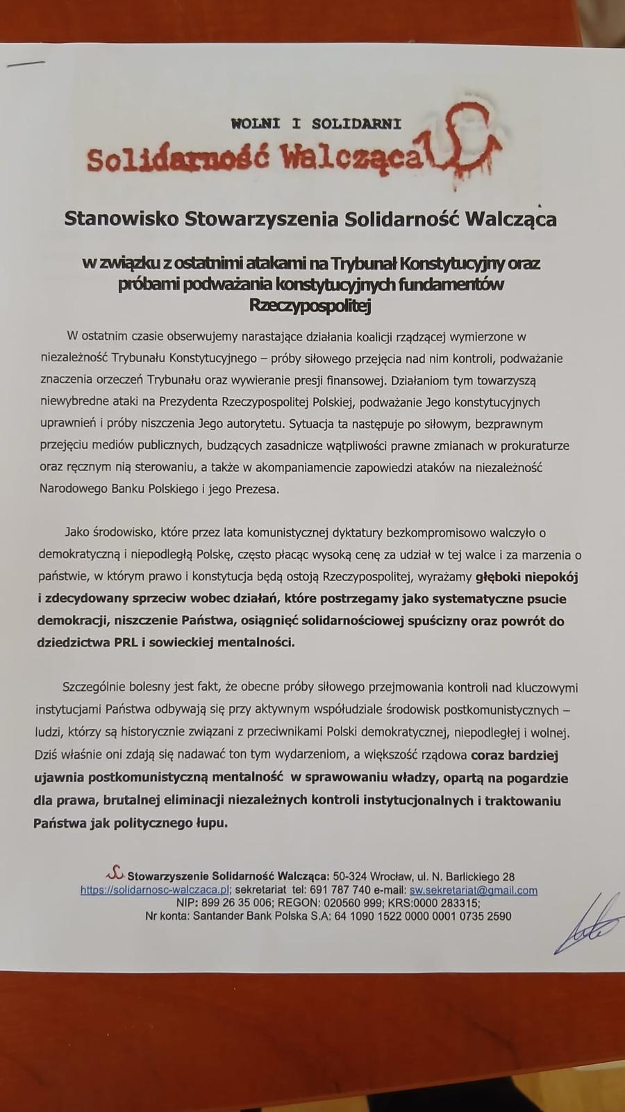 Tekst Oświadczenia Stowarzyszenia Solidarność Walcząca