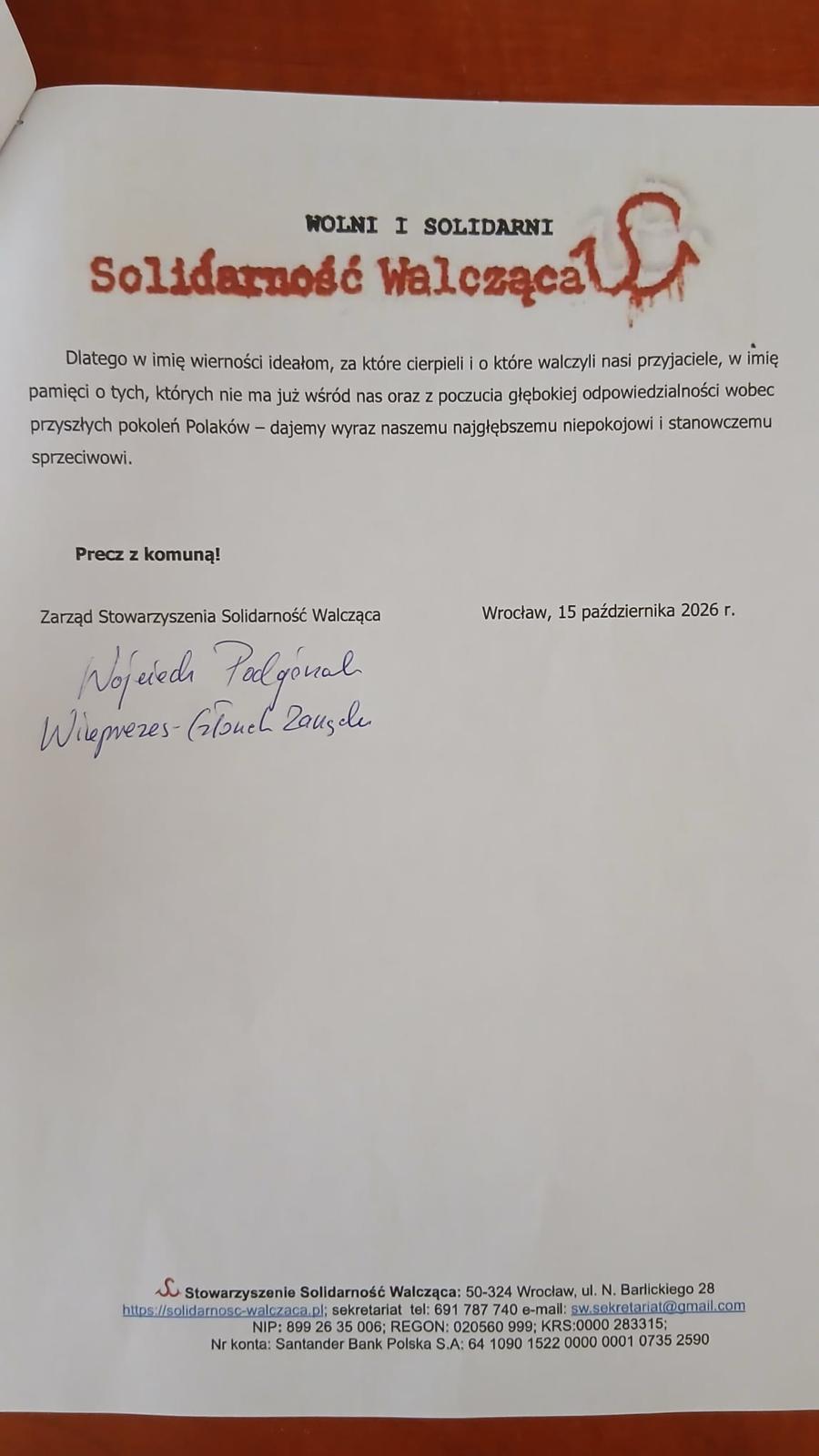 Tekst Oświadczenia Stowarzyszenia Solidarność Walcząca