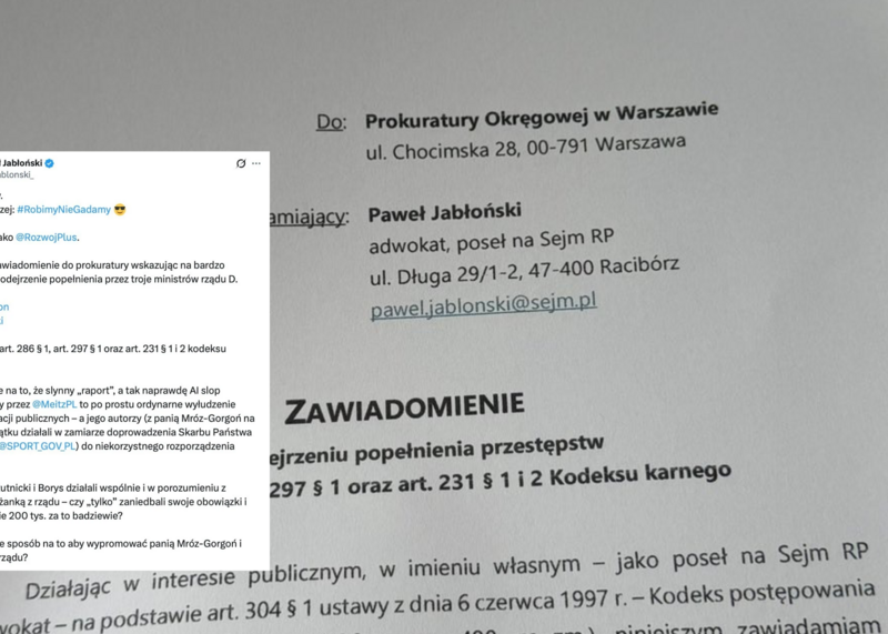Paweł Jabłoński zawiadamia prokuraturę. Chodzi o raport Mróz-Gorgoń za niemal 200 tys. zł